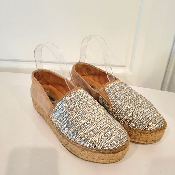 STEVE MADDEN Proud Tan & Silver Sequin Leather Platform Espadrilles Size 8 - Picture 1 of 11
